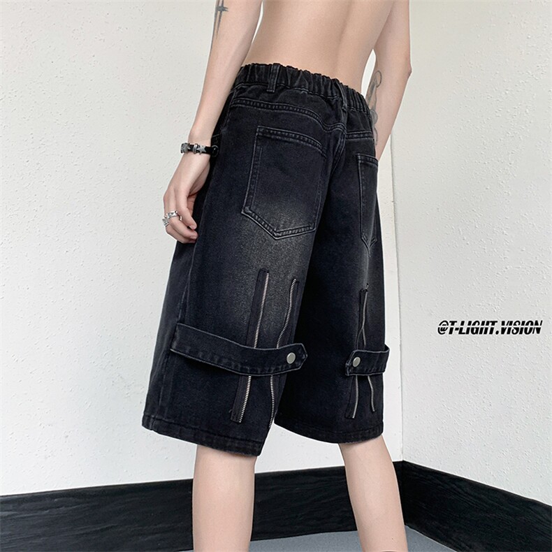 B221美式ins高街设计感拉链直通五分牛仔裤LK23082-P50控68,男装牛仔裤,电商B221
