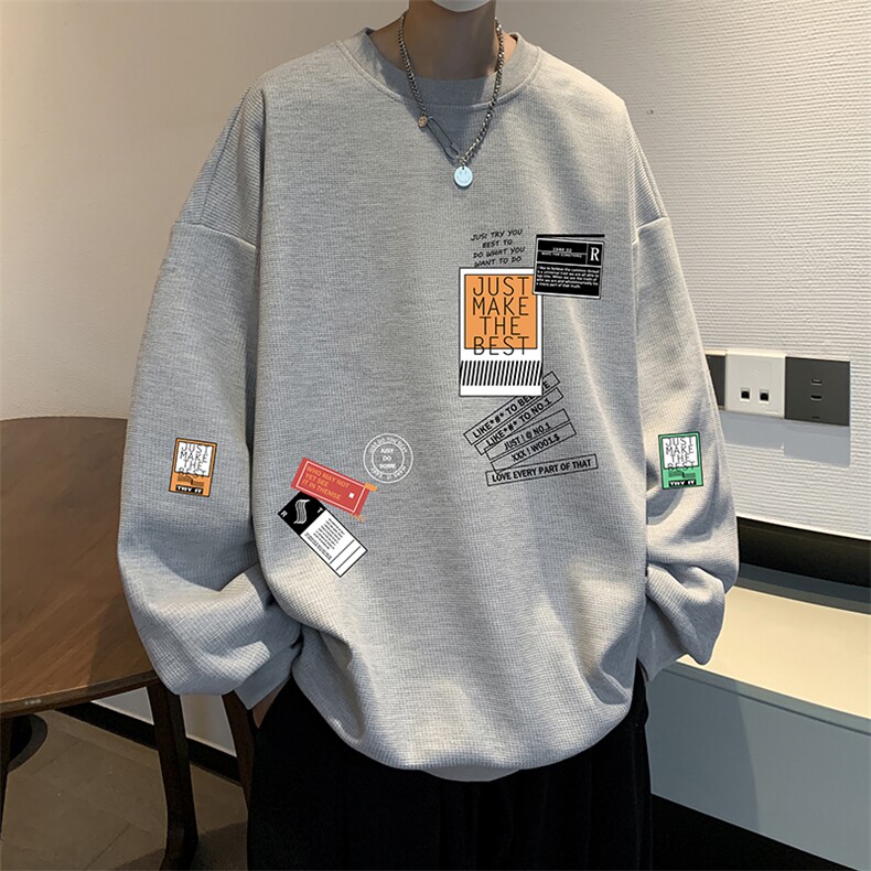华夫格卫衣圆领卫衣男大码长袖t恤男外套HW76121-P30加绒款-P40,男装卫衣,电商A040