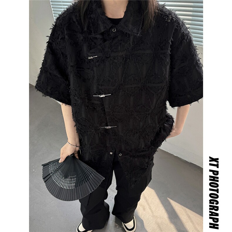 主推新中式风毛边设计感小众五分袖衬衫女情侣上衣D248P48,男装T恤,电商A335-1（原A458）