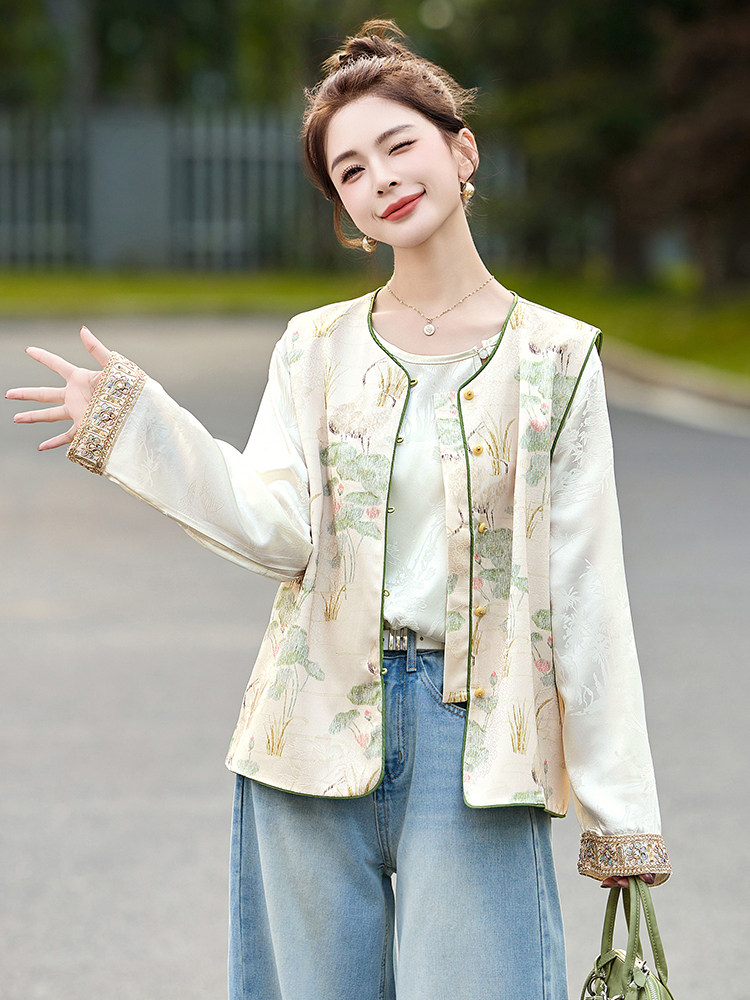 2025春季新款新中式g风提花短外套女高级感复古盘扣上衣外套,女装马甲,韩美纤衣