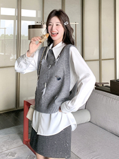 学院风复古减龄衬衫上衣马甲套装女2025春秋新款高级感时尚两件套，女装马甲，维壹