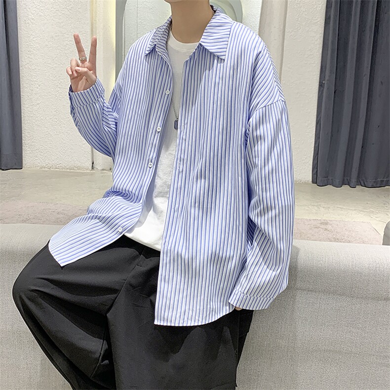 港风宽松休闲条纹百搭潮流长袖衬衫上衣男装D201-DM85-P45,男装衬衫,电商D321-1
