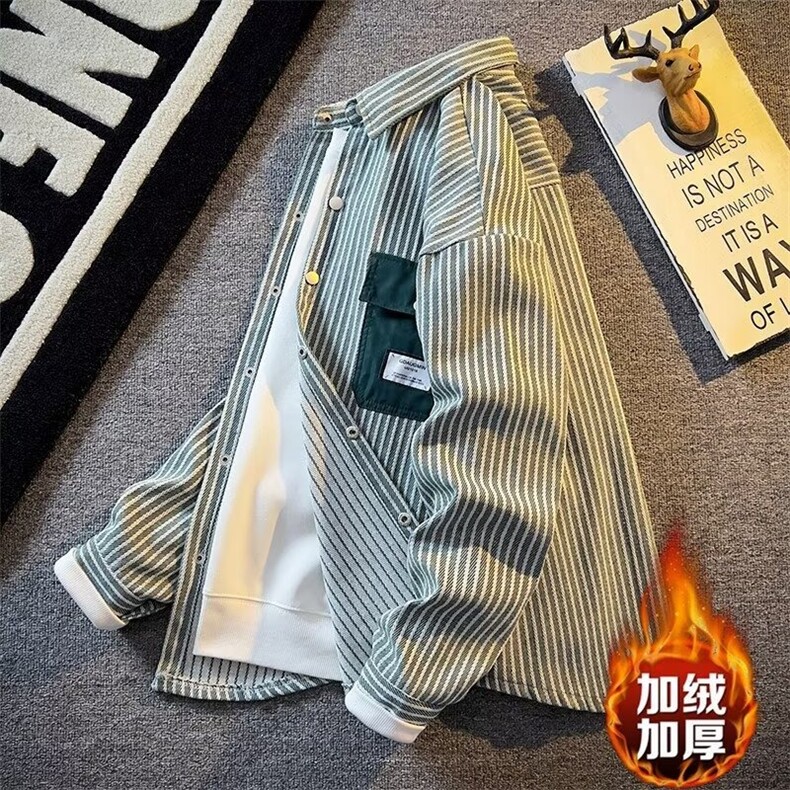 1506-1/JXXF0321/P59日系复古条纹衬衫男长袖加绒时尚外套男女，男装衬衫，星座1506-1