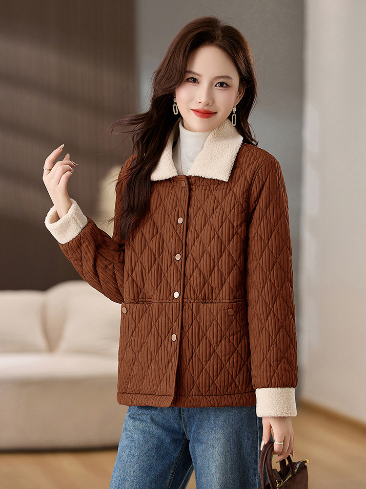 羊羔毛拼接棉衣棉服女2024冬新款休闲百搭菱格夹棉外套洋气小棉袄,女装棉衣/棉服,姿衣坊