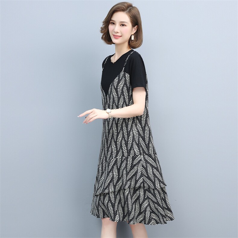 拼接假两件碎花连衣裙女夏2025新款遮肉显瘦微胖mm休闲吊带雪纺裙,女装连衣裙,璐依舞
