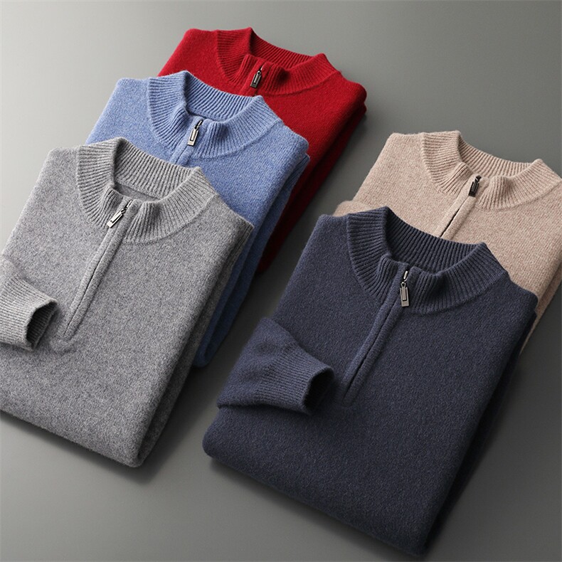 秋冬季新款舒适时尚百搭七针拉链半高羊毛衫，男装羊毛衫，牧圣羊绒