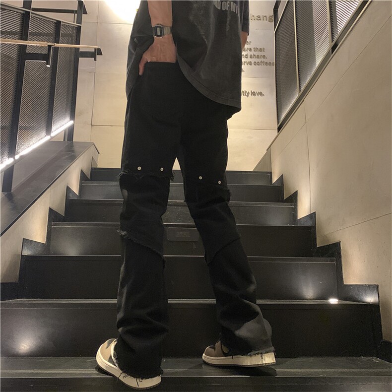 潮牌美式高街毛边牛仔裤男休闲黑色微喇叭长裤D0988P55,男装牛仔裤,电商D325