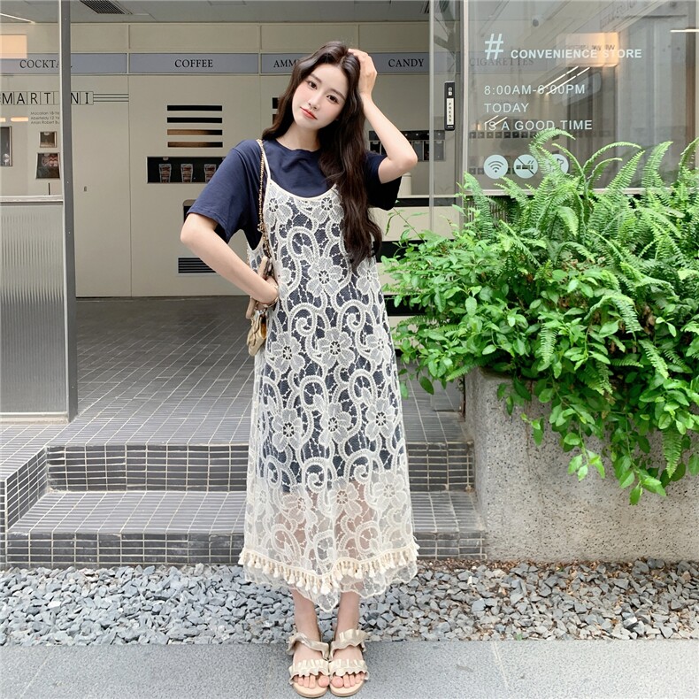 绝美流苏蕾丝拼接百搭罩衫日系套装2025新款夏季简约T恤裙两件套,女装连衣裙,维壹