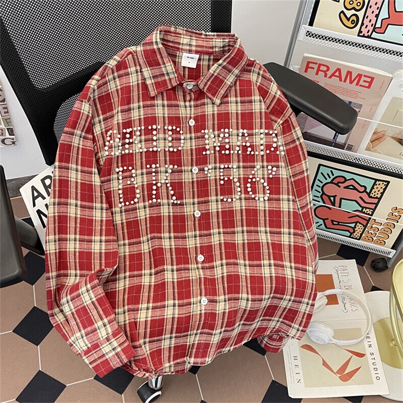 美式复古高街钉珠格子衬衫宽松情侣长袖休闲衬衣TC179P50，男装衬衫，星座1013-1