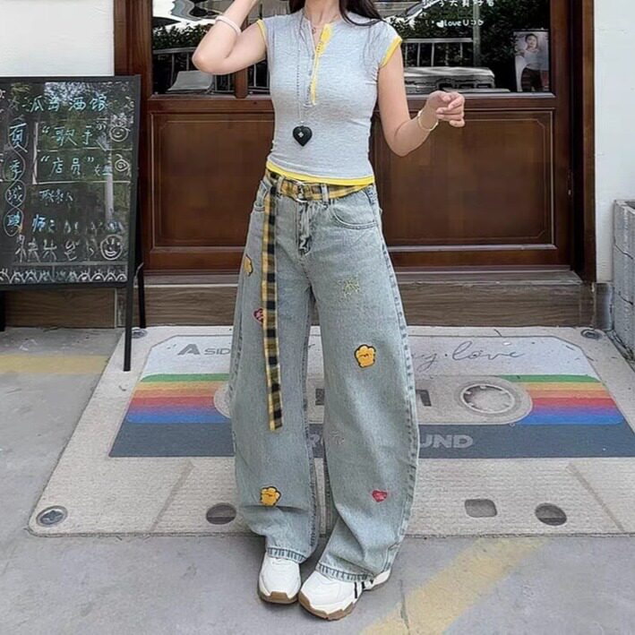 美式复古格纹腰带植绒刺绣弯刀牛仔裤女宽松阔腿休闲设计感裤子潮,男装牛仔裤,星座516A