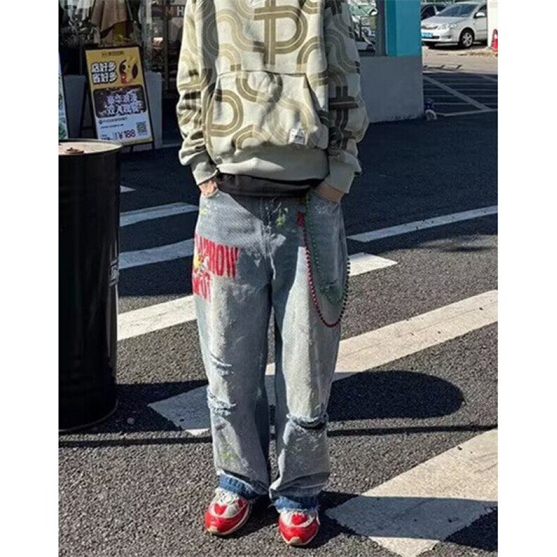 高街复古水洗字母破洞泼墨牛仔裤男女宽松直筒百搭长裤子NB140,男装牛仔裤,星座1116A（原606A-3）