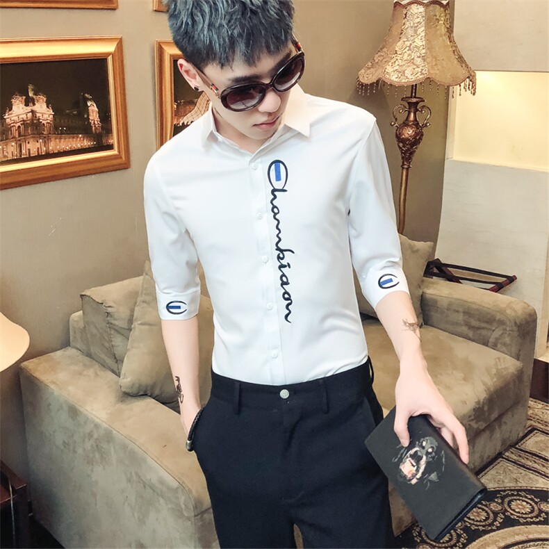 2021新款男时尚休闲绣花衬衫修身七分袖夜店发型师社会风D455，男装衬衫，星座419（原A233）