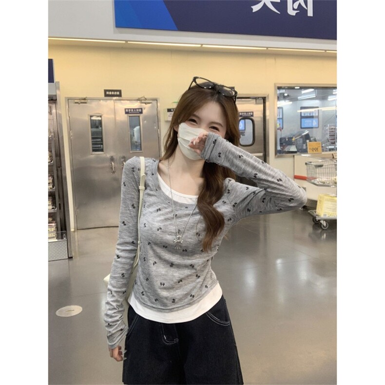 韩系甜辣妹蝴蝶假两件长袖t恤女夏季2025新款设计感小众早秋上衣,男装T恤,星座506A