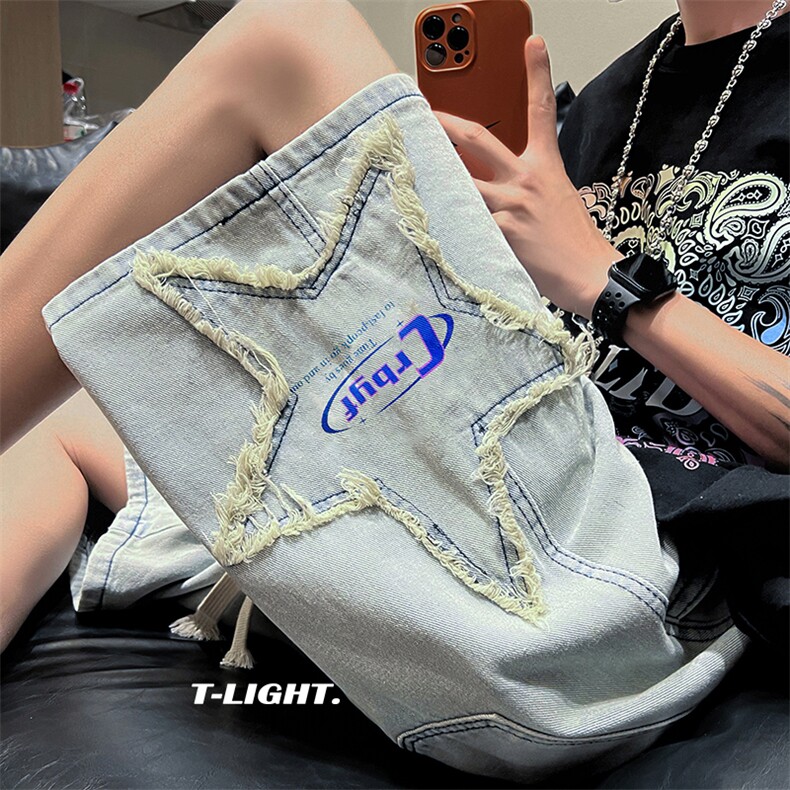 美式设计感牛仔刺绣印花短裤宽松潮牌休闲五分裤新款 K3204-P38图片