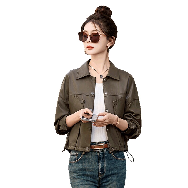 2025新款修身翻领PU皮机车服显瘦时尚复古短款皮夹克,女装皮衣,自然秀
