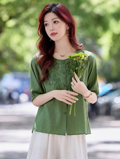 现货！夏季新款2025套装女简约时尚优雅气质天丝麻料刺绣上衣，女装衬衫，涵墨