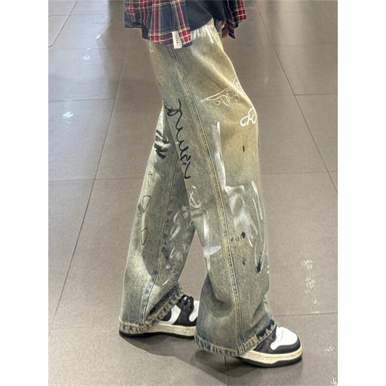1506-1/KT17321/P52男小众设计感复古黄泥色涂鸦牛仔裤宽松直筒裤图片