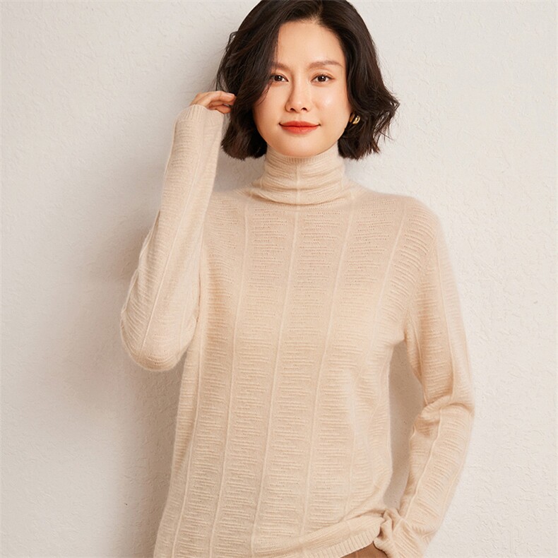 秋冬季35%羊绒65%羊毛休闲百搭12针乱坑堆领羊绒衫,女装羊绒衫,广悦羊绒