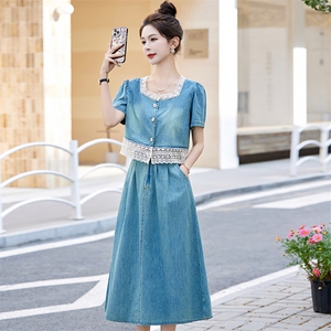 现货牛仔蕾丝花边套装裙女2024夏季新款洋气时尚复古牛仔两件套图片