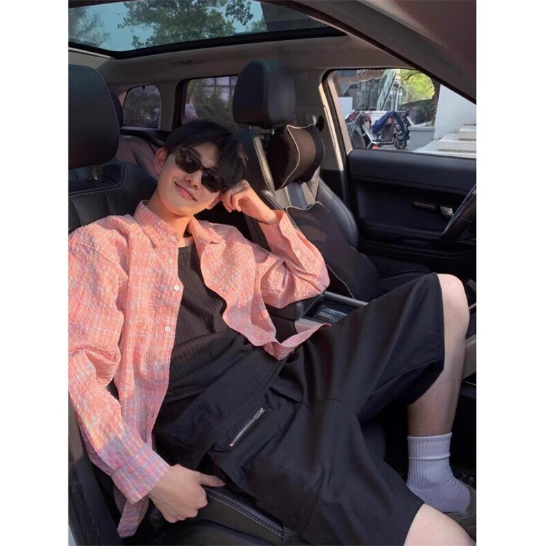 G155美式复古街头宽松格子衬衫男女oversize休闲衬衣情侣长袖外套,男装衬衫,星座308A-1（原309B-1）