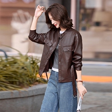 港风机车立领高端皮衣外套女2025春秋季新款休闲系带收腰夹克上衣，女装皮衣，江南女神