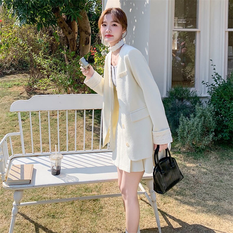 蕾丝飘带休闲西装外套女套装2025秋新款气质V领西服百褶A字短裙,女装套装/套裙,霓裳依族