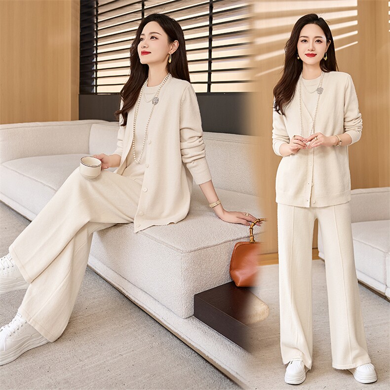 淑女气质假两件开衫针织套装女2025秋季时尚小众时髦毛衣两件套裤,女装套装/套裙,央宝儿