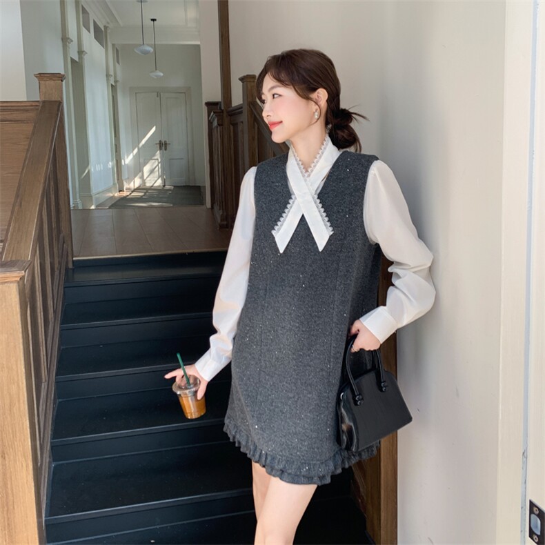 高级通勤风穿搭灰色背心连衣裙女春秋独特漂亮气质衬衫中长裙套装,女装套装/套裙,多米2-075