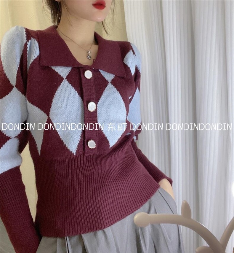 现货翻领撞色菱格纹套头毛衣，女装针织衫/毛衣，东町