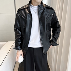 黑色PU皮衣外套男士vibe炸街复古短款痞帅机车服皮夹克~PY632-p80，男装夹克，星座601-2