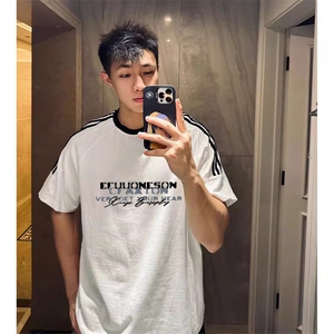 夏季美式高街重磅纯棉三条杠织带撞色男女短袖T恤ZD618-特P30