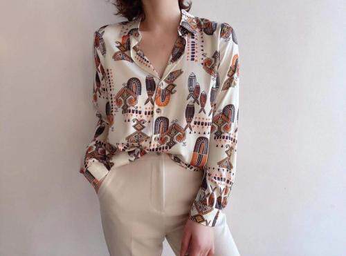 【现货】2021春季新品真丝缎面印花衬衫，女装衬衫，七七迷兰