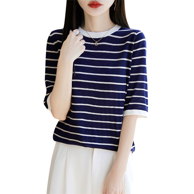 夏季五分袖常规2025年夏季新款条纹大码女装宽松薄款高级感,女装T恤,暖圣羊羊绒