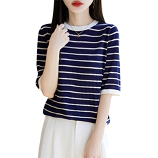 夏季五分袖常规2025年夏季新款条纹大码女装宽松薄款高级感，女装T恤，暖圣羊羊绒
