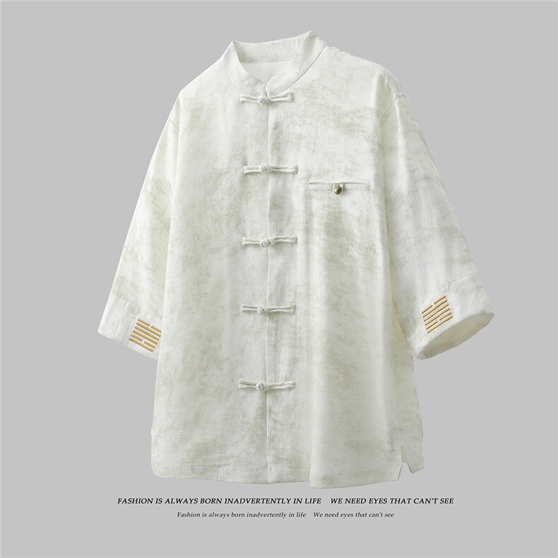 风铜扣盘扣刺绣中式立领衬衫透气开衫短袖潮A087-1-YM663P85，男装T恤，电商A087-1