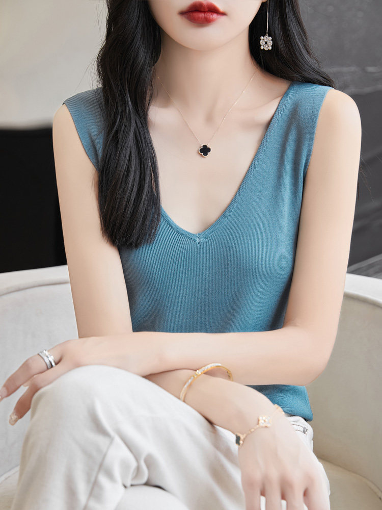 v领新款针织吊带女无袖纯色背心简约百搭宽松套头上衣内,针织衫/毛衣,戎洋