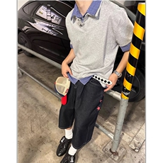 得物抖音高品质二开夏季美式潮牌高街假两件格子衬衣翻领短袖T恤，男装T恤，电商A486