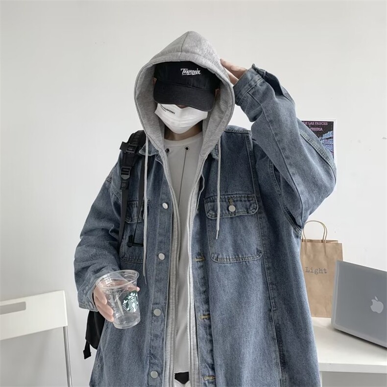 假两件牛仔外套男春秋季潮牌港风夹克学生宽松连帽上衣W1458-p70,男装工装外套,星座1008-1