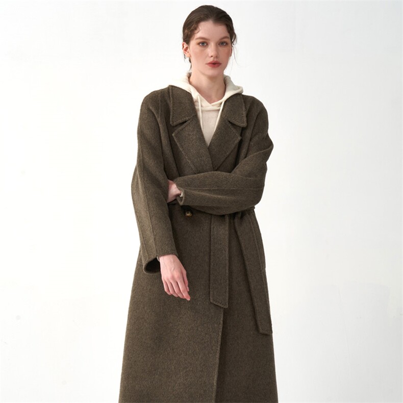 秋冬季10%驼绒90%羊毛休闲通勤经典V领斜插口袋双面呢大衣长款，女装双面呢大衣，彬斯双面尼