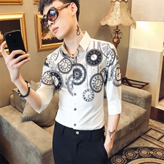 2021新款男士印花衬衫休闲修身中袖夜店衬衣社会风工作服D448，男装衬衫，星座419（原A233）