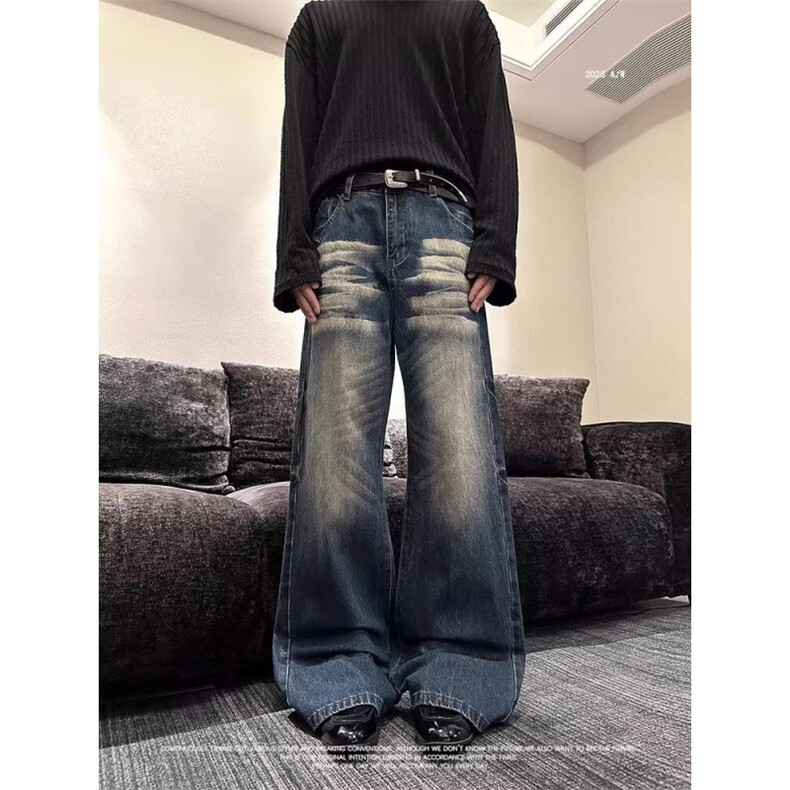1506-1/KZ1201/P50复古高腰微喇牛仔裤宽松显瘦阔腿拖地裤男女款,男装牛仔裤,星座1506-1