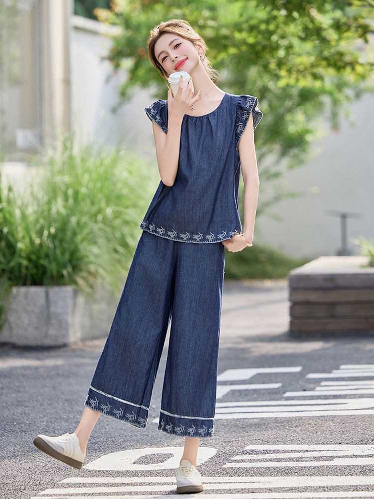 现货！夏季新款套装女2025时尚气质优雅减龄牛仔刺绣两件套装,女装套装/套裙,涵墨