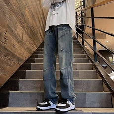 D1006-P45；牛仔裤男秋冬新款美式高街潮牌复古水洗做旧宽松，男装牛仔裤，星座603-2