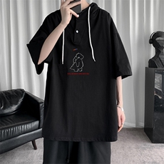 LD54140-P45连帽短袖t恤男大码胖子带帽五分袖中袖，男装T恤，电商A040