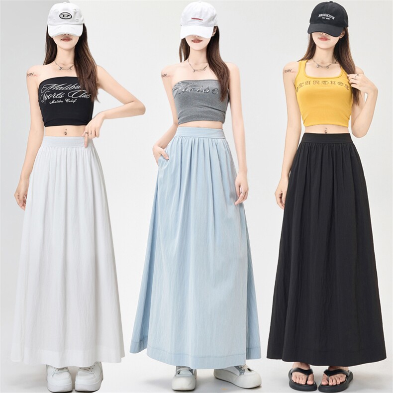 蓝色及踝长裙子2025夏季新款飘逸大裙摆伞裙韩系清甜半身裙女，女装半身裙，梦白服饰厂