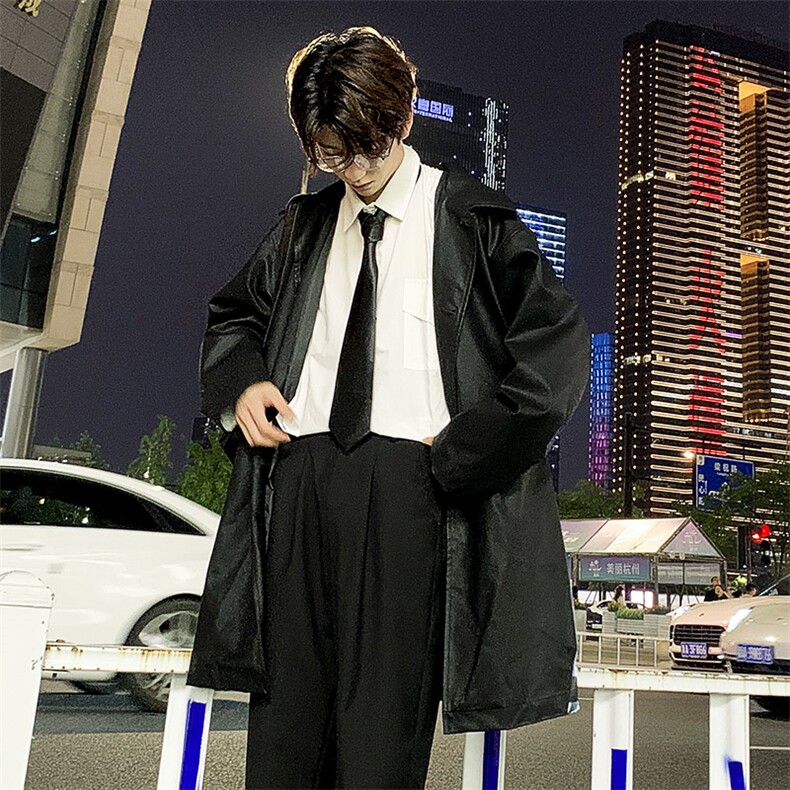 港风后背字母印花皮风衣男中长款过膝外套A090-FY90P115限138,男装风衣,电商A089-1
