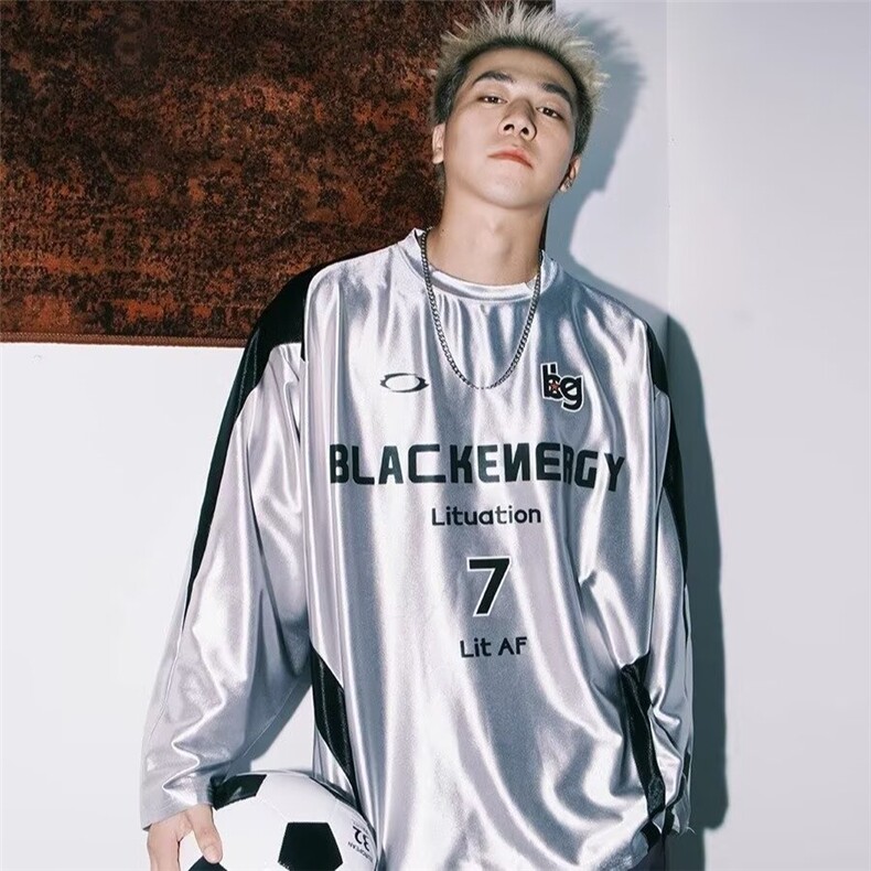 1506/QY1230/P39球衣解构拼接运动服男春秋宽松情侣银色长袖T恤图片