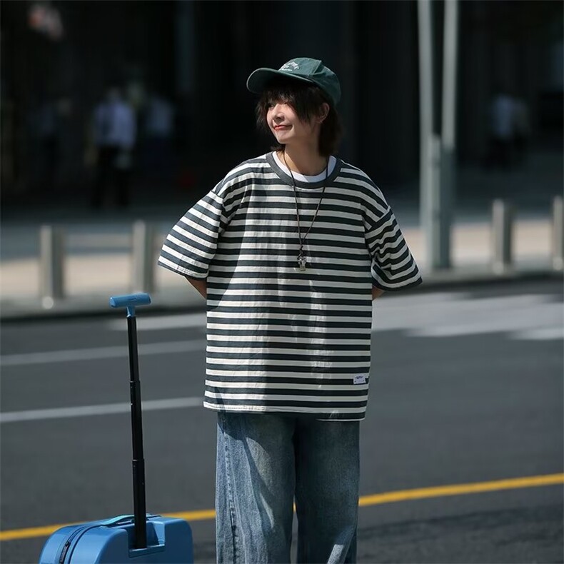 日系夏季复古条纹休闲短袖女宽松纯棉T恤T7831P30,男装T恤,星座1116-2