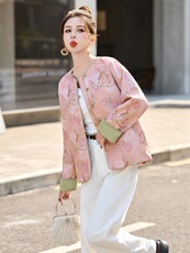 粉色新中式盘扣圆领外套女2025春秋新款精致提花休闲气质百搭上衣，女装短外套，依如秀(原杭风阁)