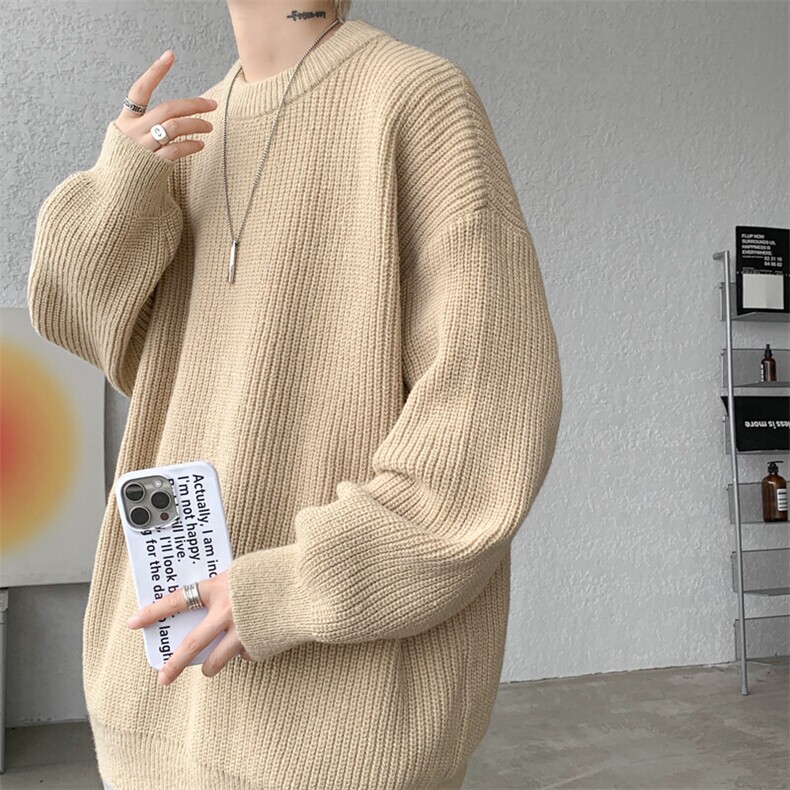8XL-M纯色圆领毛衣秋冬季宽松套头针织衫慵懒风毛线衣MY1506/P68,男装针织衫/毛衣,电商B238
